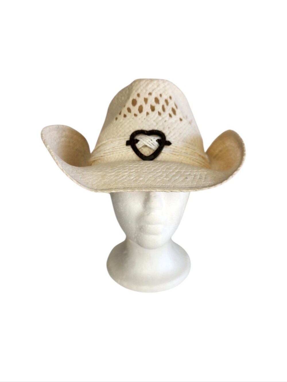 Saddleback Cowboy Hat White Vented Straw Western Cowgirl Wooden Heart Band